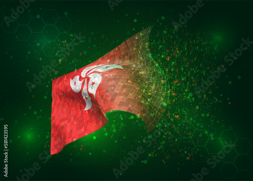 Hong Kong, on vector 3d flag on green background with polygons and data numbers