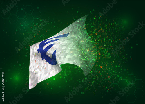 Euro, on vector 3d flag on green background with polygons and data numbers