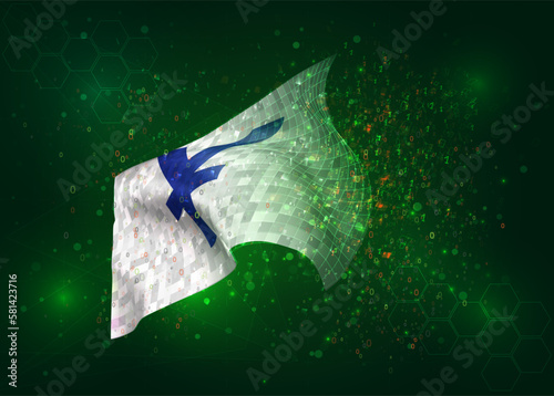 Yen, on vector 3d flag on green background with polygons and data numbers