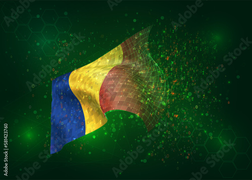 Romania, on vector 3d flag on green background with polygons and data numbers