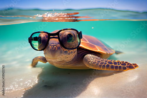Turtle in sunglasses on the seashore. AI generated ©  iiulia