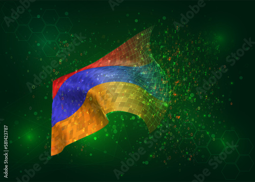 Armenia, on vector 3d flag on green background with polygons and data numbers