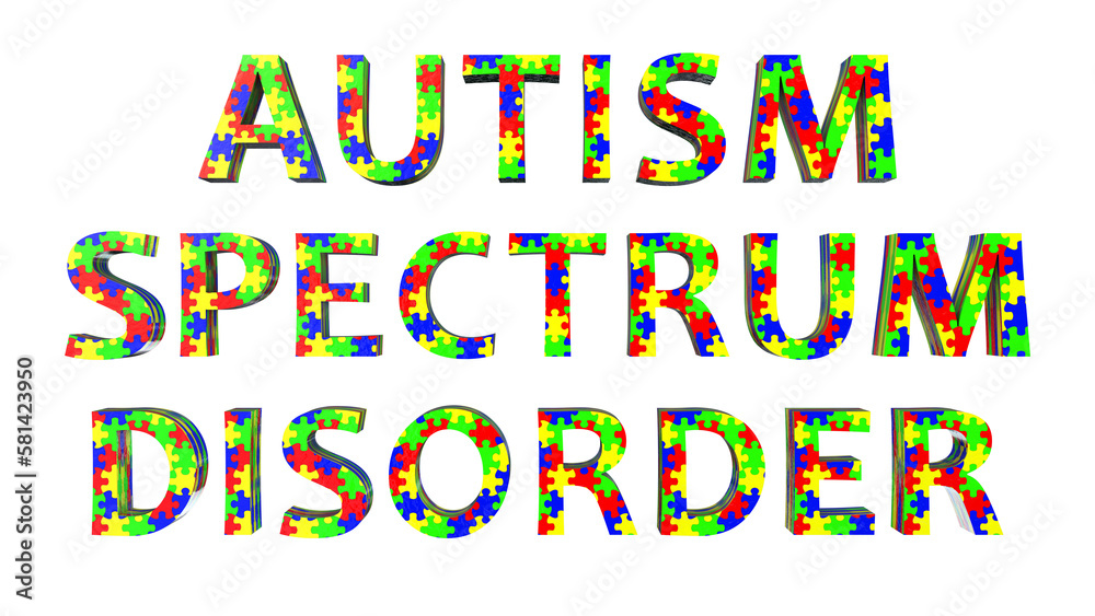 A 3D illustration of the text Autism Spectrum Disorder made entirely of colorful puzzle patterns, representing the diversity and complexity of the spectrum A 3D illustration of the text Autism Spectrum Disorder made entirely of colorful puzzle patterns, representing the diversity and complexity of the spectrum