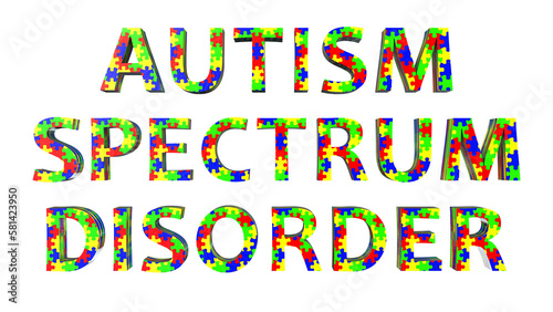 A 3D illustration of the text Autism Spectrum Disorder made entirely of colorful puzzle patterns, representing the diversity and complexity of the spectrum