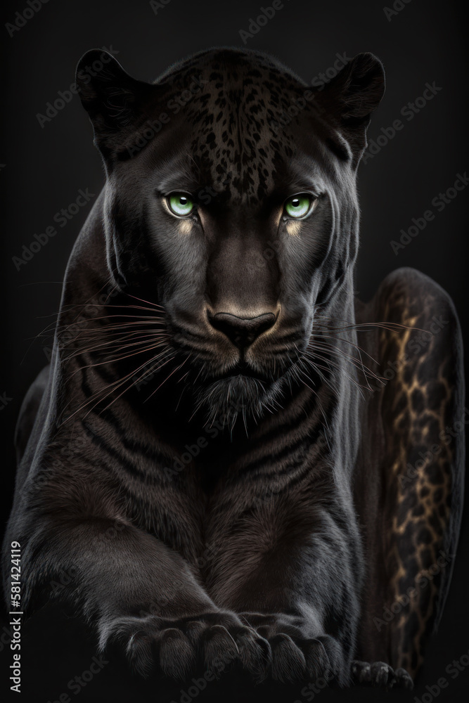 Close up portrait of a black leopard (panther) on black background. Generative AI