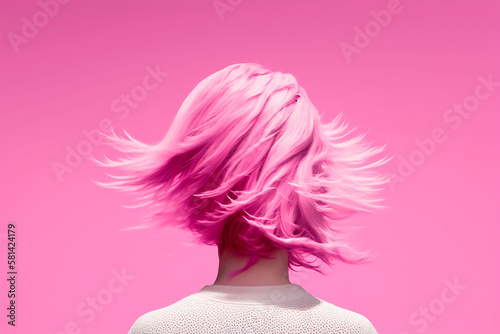 Wallpaper Mural Woman with flying pink hair on a pink background view from the back, stylish fashion and beauty concept, arched hair. Generative AI. Torontodigital.ca