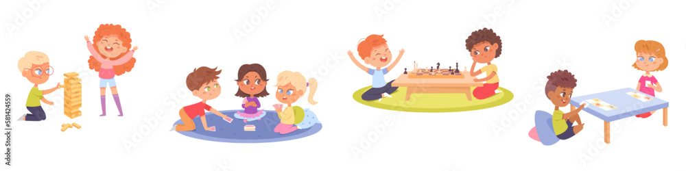 Kids play fun board games set vector illustration. Cartoon isolated group of happy children playing chess and cards at table or on floor, boy and girl building wood block tower of together Kids play fun board games set vector illustration. Cartoon isolated group of happy children playing chess and cards at table or on floor, boy and girl building wood block tower of together