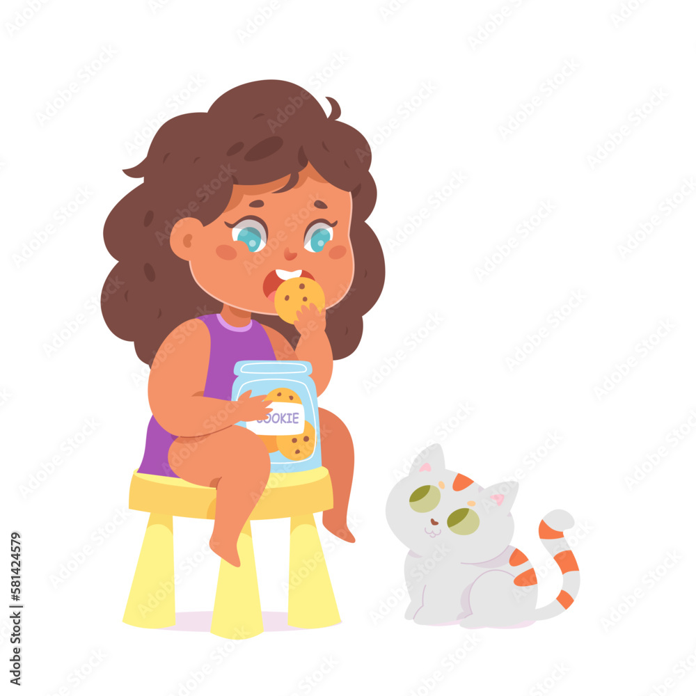 Cute child eating cookie with chocolate, funny girl with sitting on chair with sweets Cute child eating cookie with chocolate, funny girl with sitting on chair with sweets
