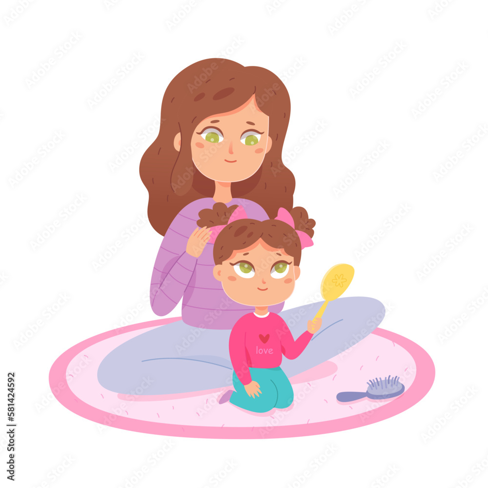 Mother combing hair of daughter, mom making hairstyle to little girl holding mirror Mother combing hair of daughter, mom making hairstyle to little girl holding mirror