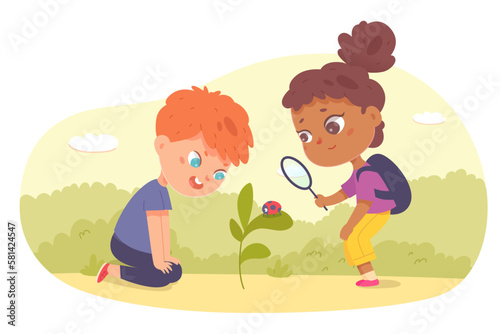 School children holding magnifying glass to watch ladybug on green plant in yard, garden or summer park vector illustration. Cartoon isolated curious boy and girl explore nature and study biology