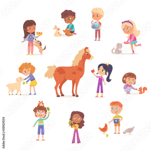Kids feed and love animals set vector illustration. Cartoon isolated cute boys and girls holding pet food, feeding funny parrot and cat, fish in aquarium and forest squirrel, farm chicken and horse