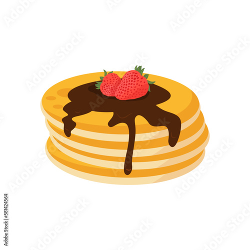 Stack of pancakes with chocolate sauce, pile of hot sweet pancakes with strawberry