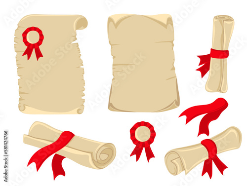 Set of Ancient Paper or Parchment Scrolls, certificates or diplomas. Hand drawn vector illustration