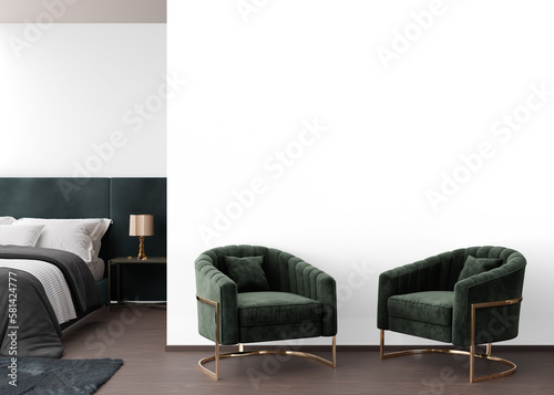 Wallpaper presentation mock up. Beautiful bedroom furniture and home accessories on transparent background. Copy space for wallpaper, wall panels, photo wallpaper, print or paint. Interior mockup