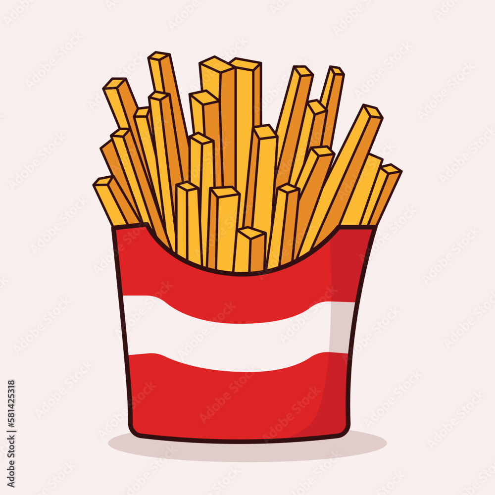 French fries cartoon icon vector illustration. French fries in a paper red pack. Fried potatoes. Food icon concept illustration, suitable for icon, logo, sticker, clipart