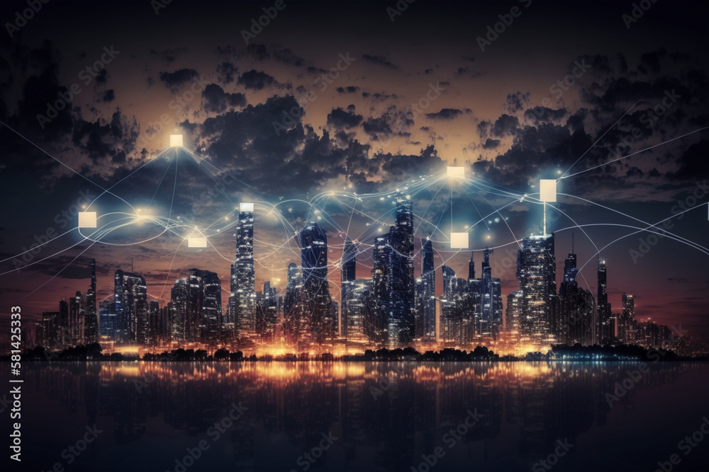Modern city with wireless network connection and city scape concept Wireless network and Connection technology concept with city background at night