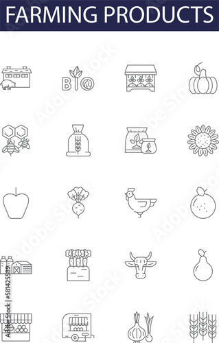 Farming products line vector icons and signs. Livestock, Fodder, Dairy, Poultry, Fertilizers, Seeds, Grain, Hay outline vector illustration set