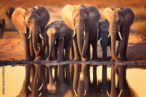 Herd of elephants drinking water by a pond.