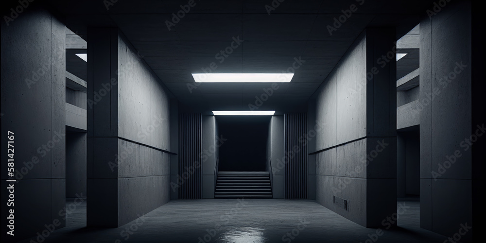 Dark and dim concrete corridor with stairs in front. generative AI. Dark and dim concrete corridor with stairs in front. generative AI.