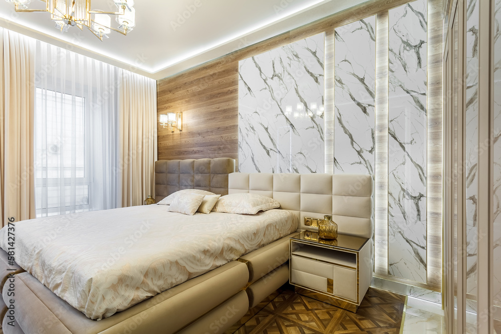 Luxury bedroom interior with parquet and wood marble walls Luxury bedroom interior with parquet and wood marble walls