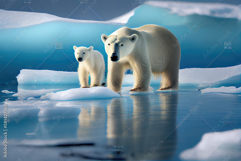 Polar bears forage on the ice. Polar bears forage on the ice.