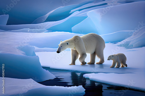 Polar bears forage on the ice.