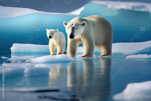 Polar bears forage on the ice.