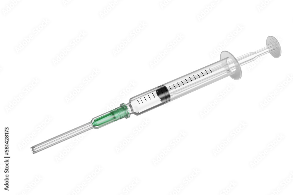 Disposable syringe with cap. A disposable syringe is filled with medication or other clear liquid. Disposable syringe isolated on white background. 3d render. Disposable syringe with cap. A disposable syringe is filled with medication or other clear liquid. Disposable syringe isolated on white background. 3d render.