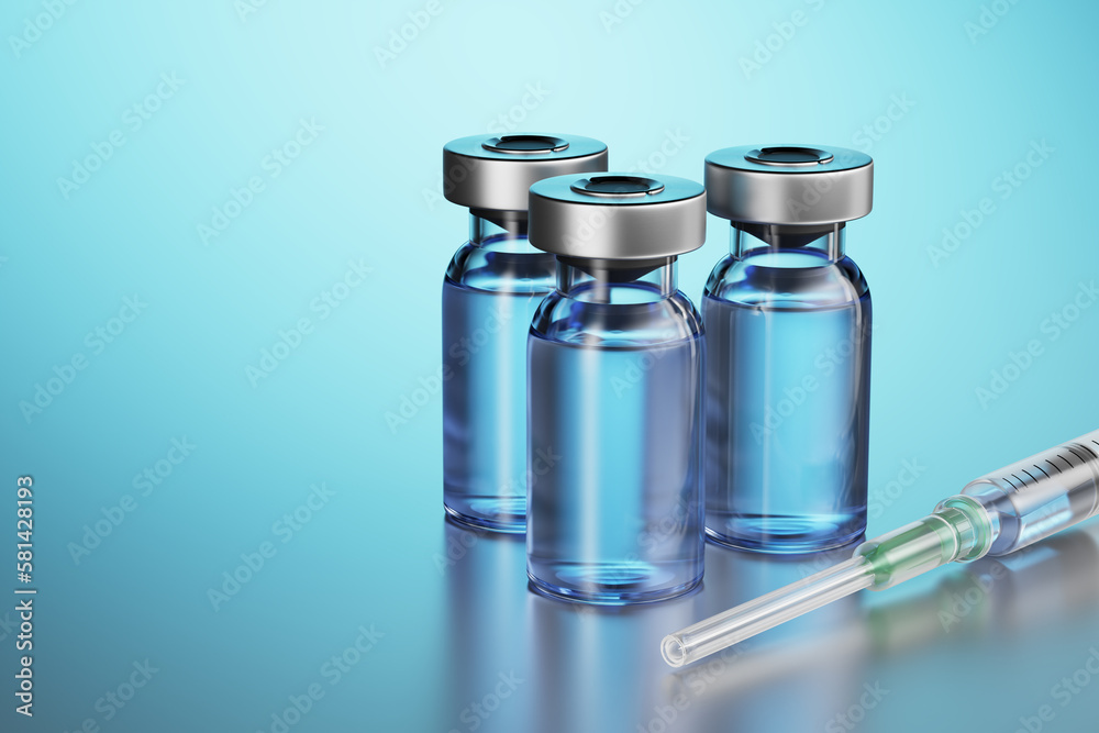 A disposable syringe is filled with a clear liquid and lies on a metal table. Disposable syringe with three glass vials of medicines. 3d render. A disposable syringe is filled with a clear liquid and lies on a metal table. Disposable syringe with three glass vials of medicines. 3d render.