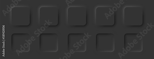 Square buttons with rounded edges in a neomorphic style. A set of user interface design elements in black. Vector illustration.