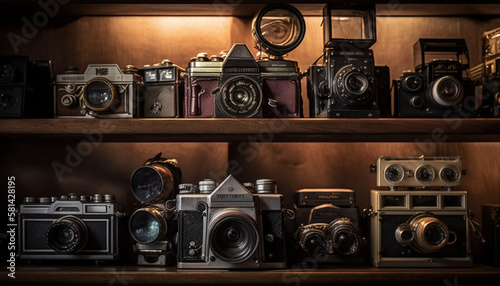 A collection of vintage cameras on a shelf for a photography enthusiast lifestyle