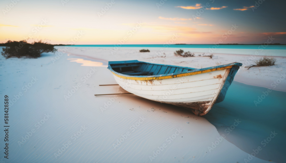 Small Fishing Boat  on the shore of a White Beach on an Tropical Island - beautiful summer day.  Generative AI