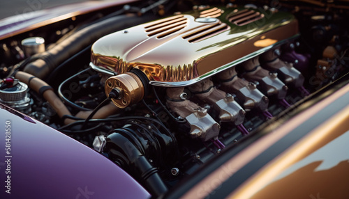 A detailed shot of a classic car's engine, representing automotive engineering and mechanics