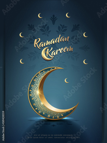 islamic greeting ramadan kareem card design with beautiful crescent moon