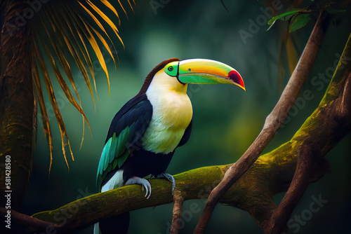 Tropical bird from Guatemala with a large bill sitting on a branch in the forest. © imlane
