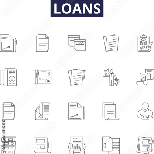 Loans line vector icons and signs. Loans, Financing, Credit, Borrowing, Advance, Debts, Mortgage, Cash outline vector illustration set