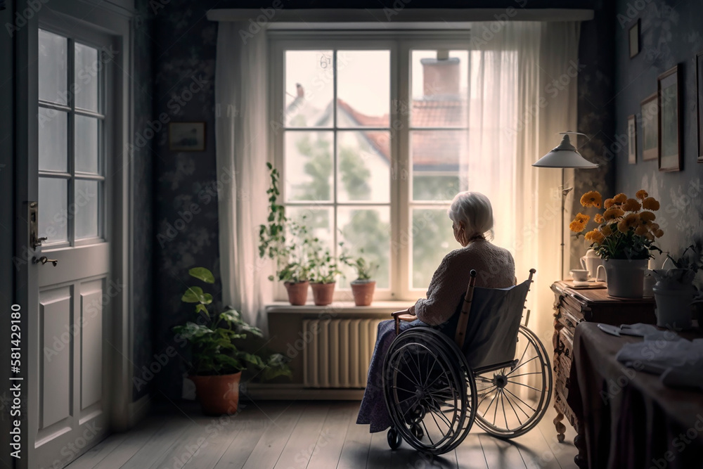 An elderly woman sits in a wheelchair in a nursing home and looks out the window at nature, breathes fresh air, loneliness. Generative AI.