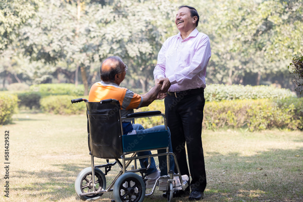 Senior friends meeting in a park and greeting each other, disabled person, wheelchair Senior friends meeting in a park and greeting each other, disabled person, wheelchair