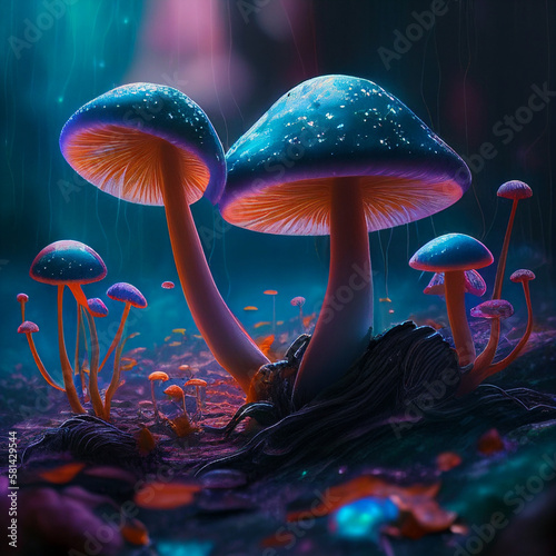 Magic mushrooms in a misty forest. Psykadelic feeling.