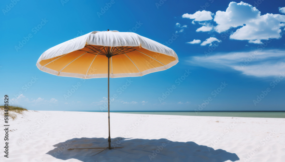A lone Beach Umbrella on a White Vast Beach with Beautiful Blue Sky waiting for Summer Holydays. Generative AI