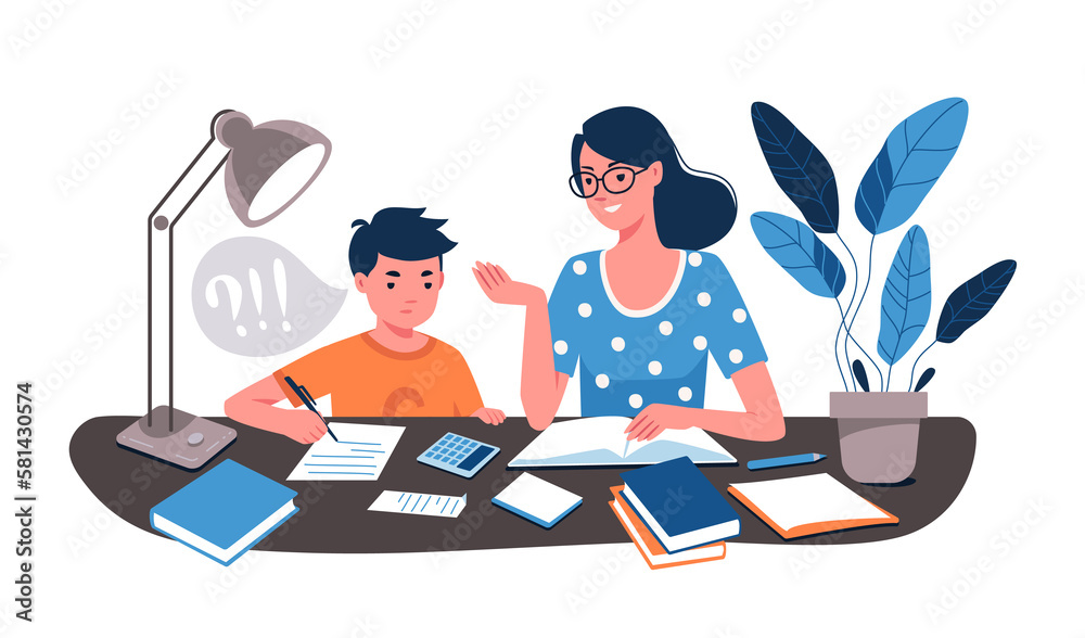 Child is educated at home. Homeschooling, tutor concept. Mom and son solve math problems, do homework. Raster characters flat cartoon illustration. Child is educated at home. Homeschooling, tutor concept. Mom and son solve math problems, do homework. Raster characters flat cartoon illustration.