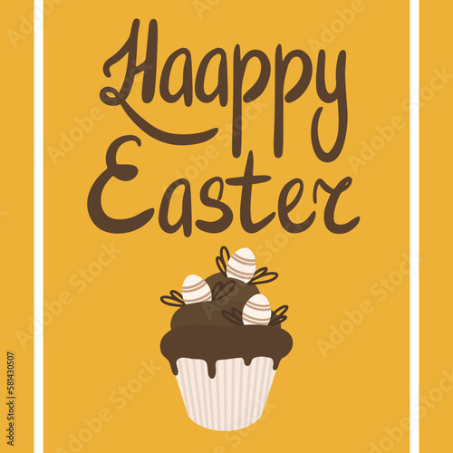 Happy Easter square postcard. Easter card with chocolate cupcake. Vector Easter holiday card.