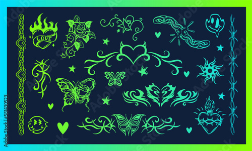 A set of acid tattoos. Neon temporary tattoos in retro style of the 90s  2000s. Heart  butterfly  chain  curb.
