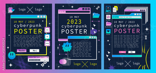The screen of an old retro PC in the y2k style. Retro wave and vaporwave poster. Bright vintage computer interface