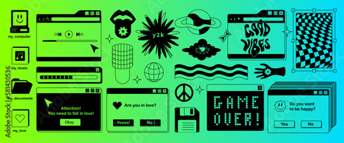 The screen of an old retro PC in the y2k style. Retro wave and vaporwave background. Bright vintage computer interface