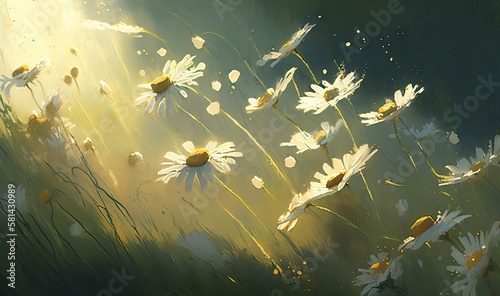  a painting of daisies in a field with the sun behind them.  generative ai © Anna