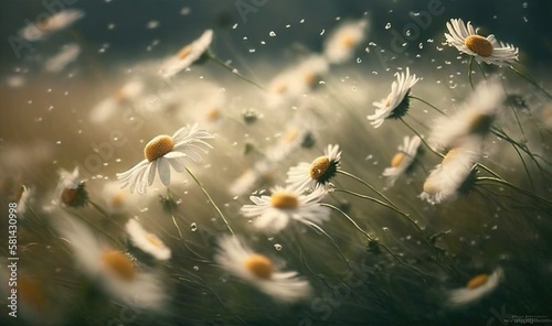  a field of daisies in the rain with drops of water on them. generative ai