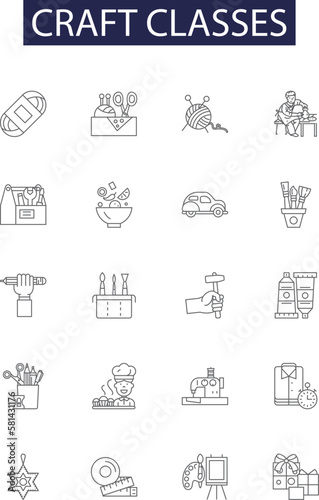 Craft classes line vector icons and signs. classes, pottery, weaving, knitting, painting, woodwork, sewing, drawing outline vector illustration set