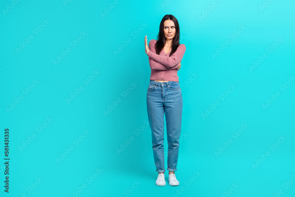 Full body size photo of veto concept young woman against feminism discrimination stop hand symbol look empty space isolated on blue color background - obrazy, fototapety, plakaty 