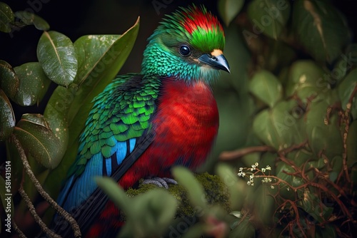 Resplendent Savegre, Costa Rica, Quetzal, Pharomachrus mocinno, with a backdrop of a lush forest. Wonderful mystical green and red bird. observing birds in a bush. Generative AI photo